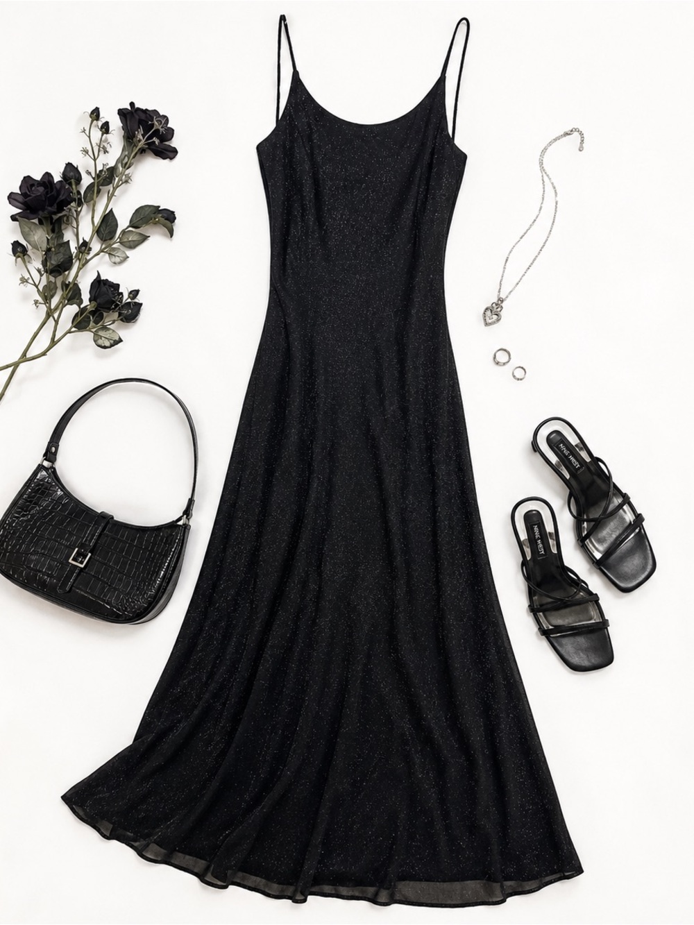 Vintage 90s Black Glitter Maxi Dress Junior 11/12 Prom Formal Slip Dress